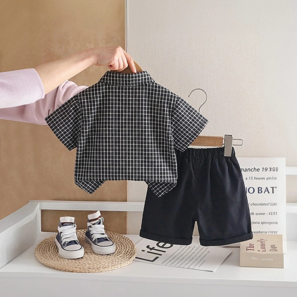 Boys Black Checked Short Sleeve Shirt with Shorts Sets 2 pc. Sets