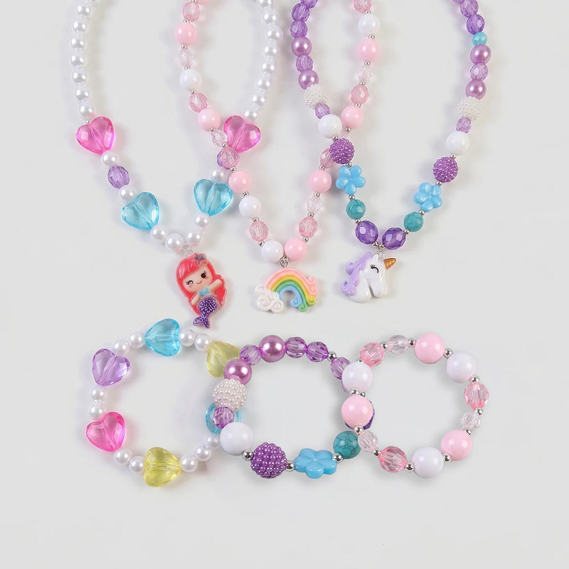 Pack Of 3 Girls Multicolour Rainbow and Mermaid Beaded Necklace & Bracelet Sets Necklace and Bracelet Multicolor Onesize