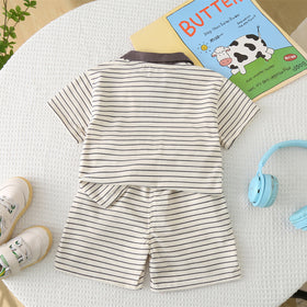 Boys Grey Dinosaur Striped Polo T-shirt with Shorts Set Sets