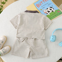 Boys Grey Dinosaur Striped Polo T-shirt with Shorts Set Sets