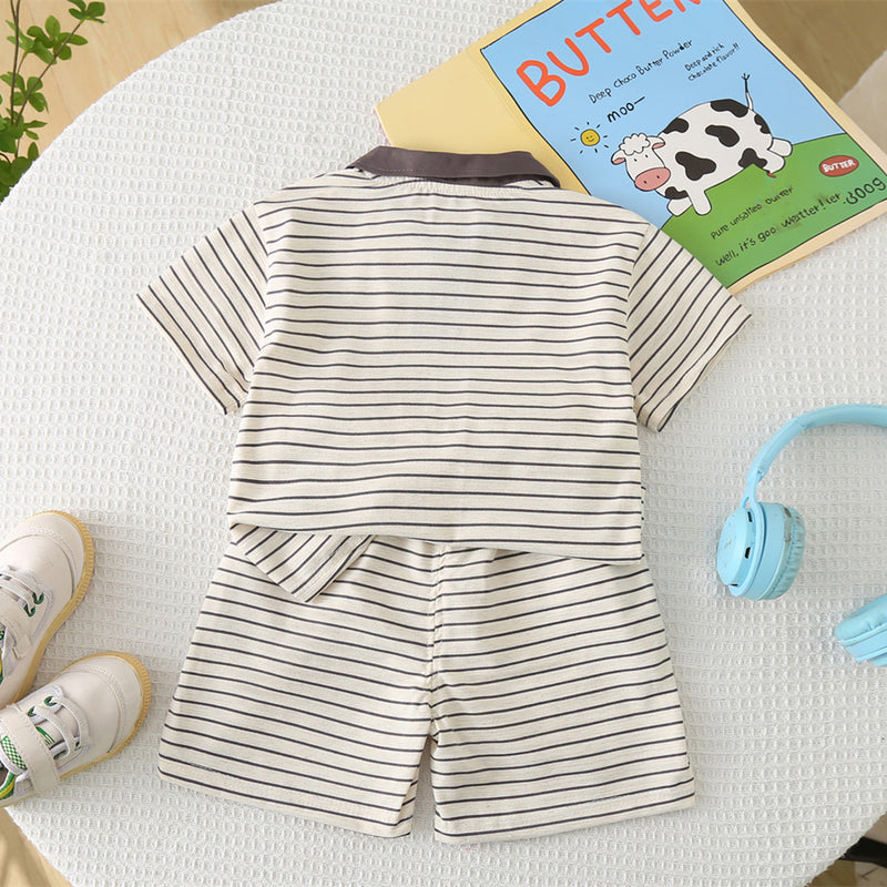 Boys Grey Dinosaur Striped Polo T-shirt with Shorts Set Sets