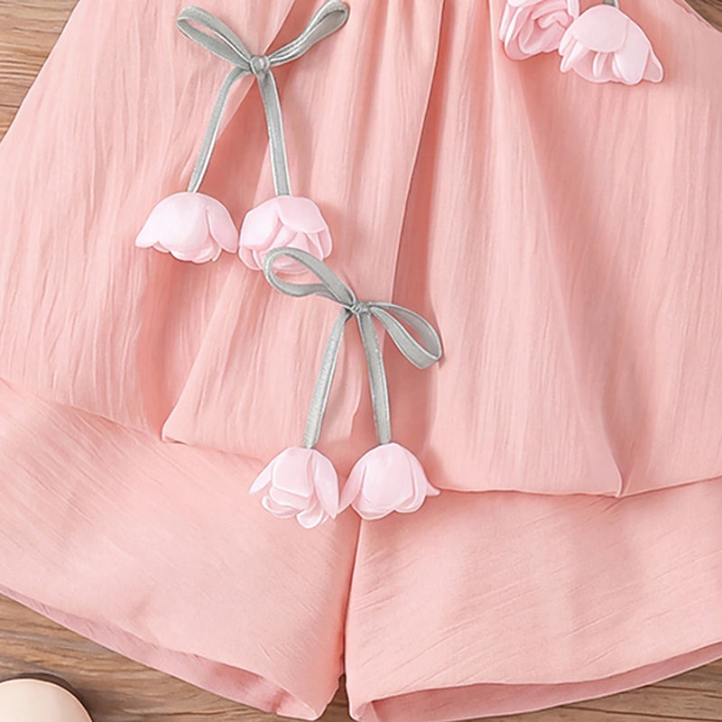 Girls Pink Flower Applique Sleeveless Top With Shorts Sets 2 pc. Sets