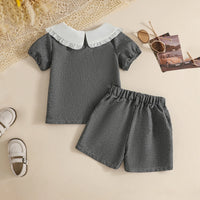 Girls Dark Grey Peter Pan Collar Top With Shorts Sets Sets