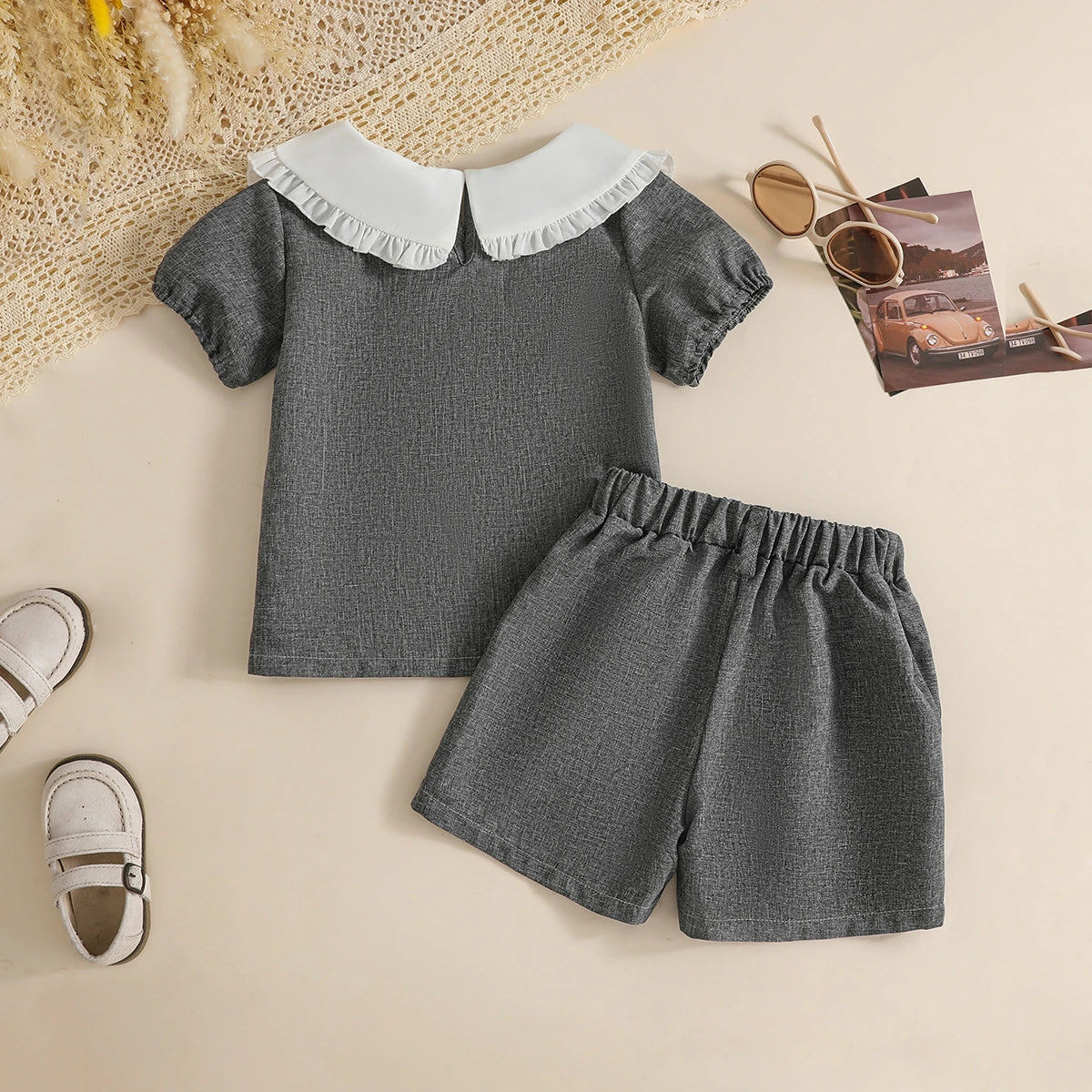 Girls Dark Grey Peter Pan Collar Top With Shorts Sets Sets
