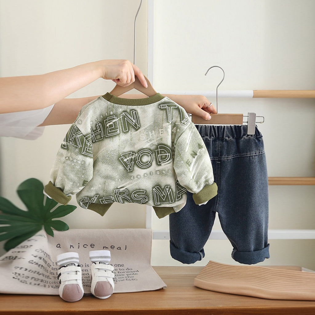 Boys Green Abstract Printed Sweatshirt With Denim Trousers Sets 2 pc. Sets