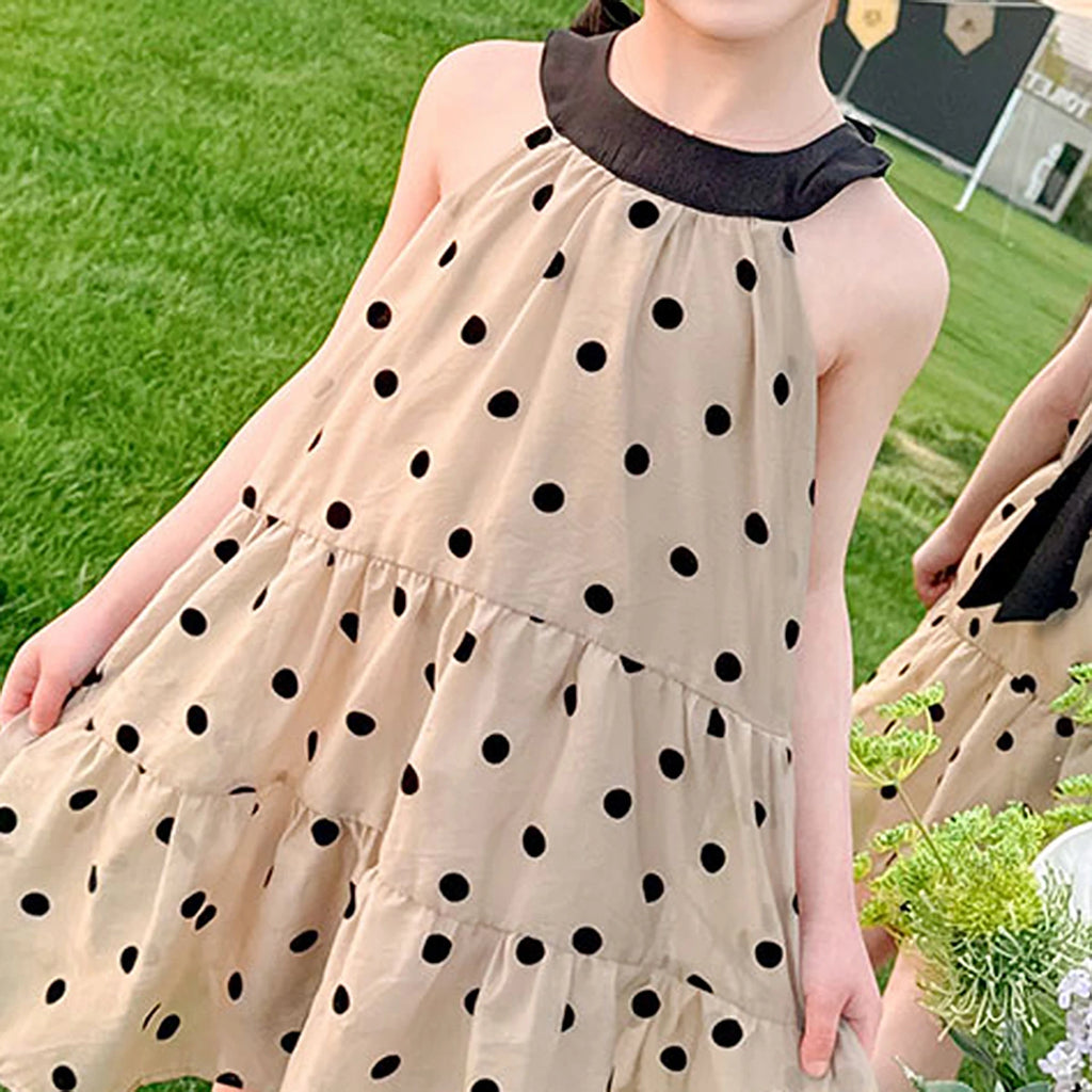 Girls Beige Polka Dot Printed Halter Neck Tiered Dress Casual Dresses