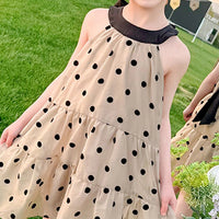 Girls Beige Polka Dot Printed Halter Neck Tiered Dress Casual Dresses
