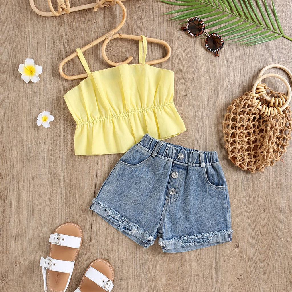 Girls Yellow Sleeveless Crop Top With Denim Shorts Set