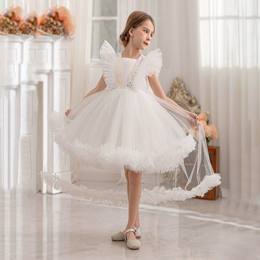 Girls White Ruffle Tulle Mullet Dress with Statement Back Bow Party Dresses White 3-4 Y