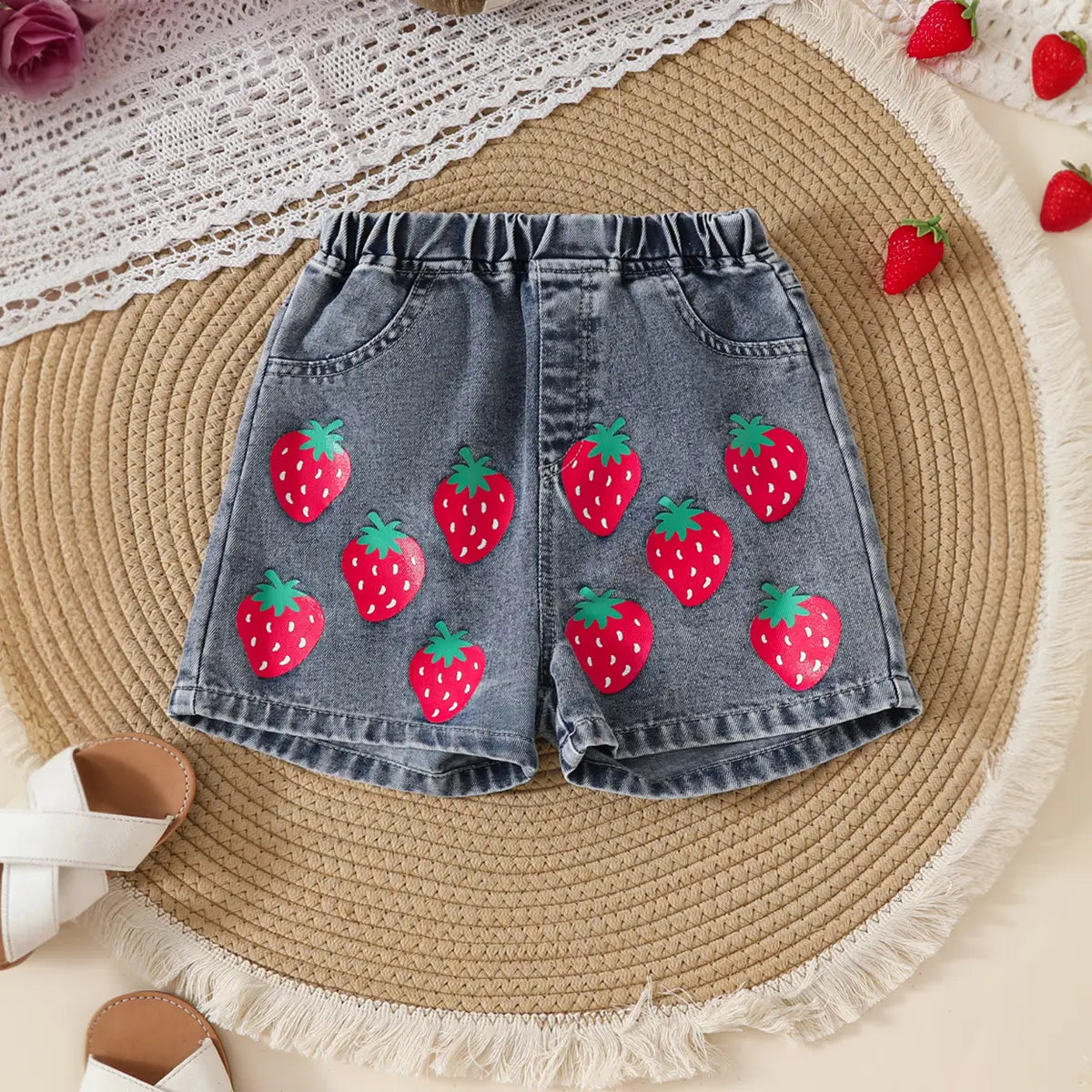 Girls Fuchsia Strawberry Print Top With Denim Shorts Set Sets