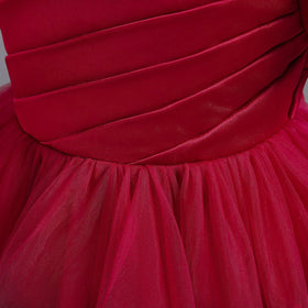 Girls Red Puff Sleeve Ruffle Layered Party Wear Dress Party Dresses