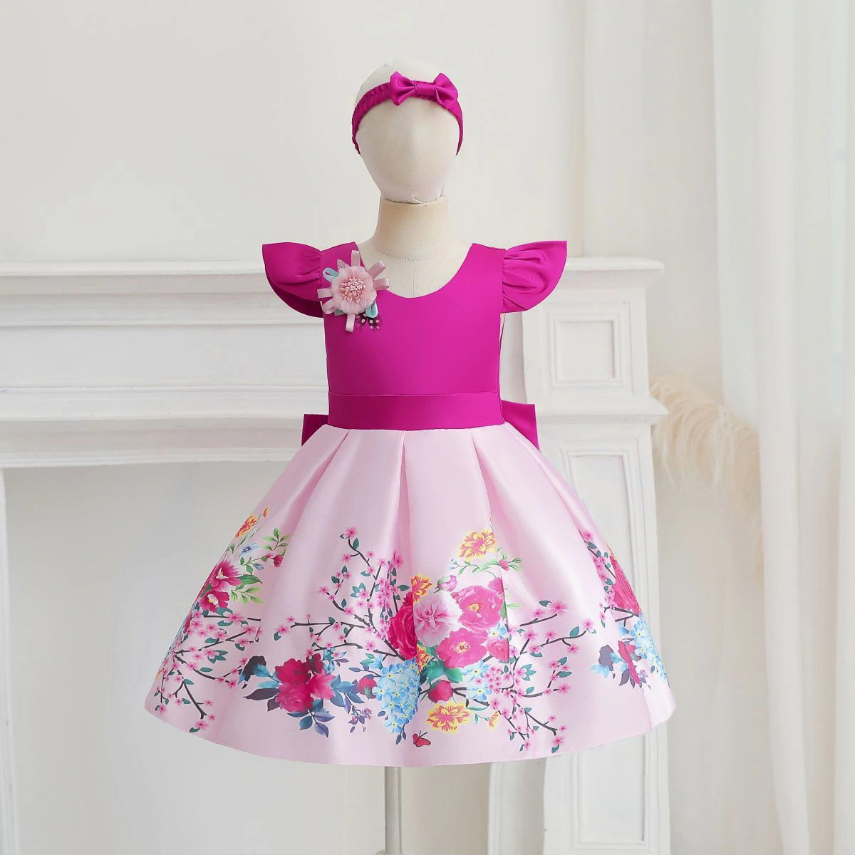 Girls Fuchsia Floral Print Flutter Sleeve Fit & Flare Party Wear Dress Party Dresses Fuchsia 1-2 Y