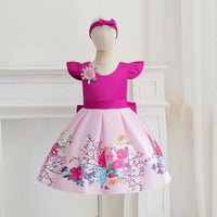 Girls Fuchsia Floral Print Flutter Sleeve Fit & Flare Party Wear Dress Party Dresses Fuchsia 1-2 Y