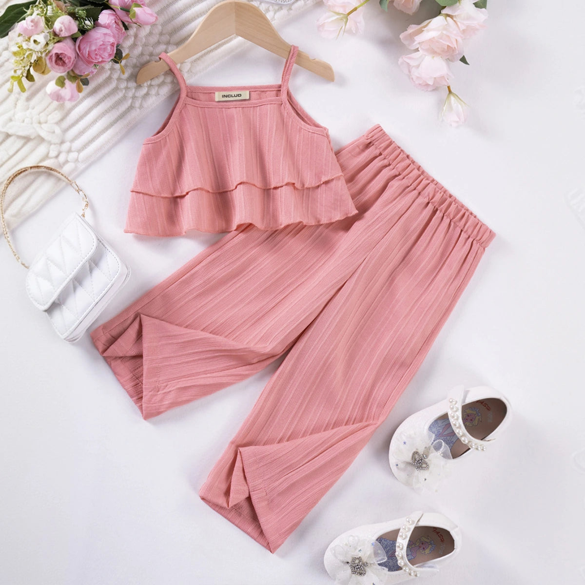 Girls Pink Self Stripes Sleeveless Tiered Top With Pants Co-ord Sets Sets Pink 1-2 Y