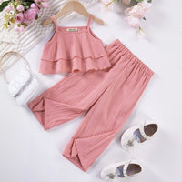 Girls Pink Self Stripes Sleeveless Tiered Top With Pants Co-ord Sets Sets Pink 1-2 Y