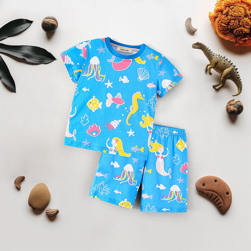Girls Short Sleeve Sea Horse Print Top With Elasticated Shorts