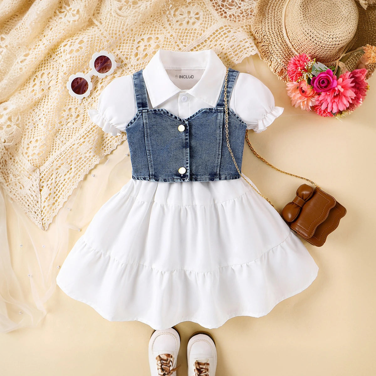 Girls White Puff Sleeve Layered Dress With Denim Jacket Casual Dresses White 2-3 Y
