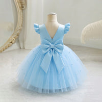 Girls Sky Blue Pearl-Embellished Flutter Sleeve Fit & Flare Dress Casual Dresses