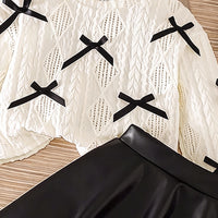 Girls Off White Bow Applique Round Neck Top With Faux Leather Skirt Sets 2 pc. Sets