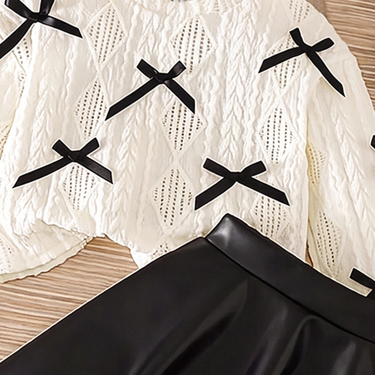 Girls Off White Bow Applique Round Neck Top With Faux Leather Skirt Sets 2 pc. Sets