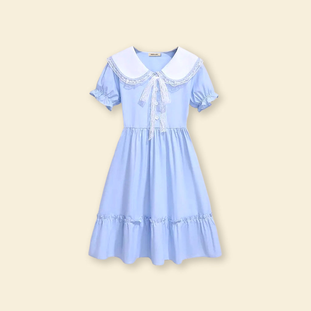 Girls Puff Sleeve Peter Pan Collar Fit & Flare Dress Casual Dresses Blue 4-5 Y 