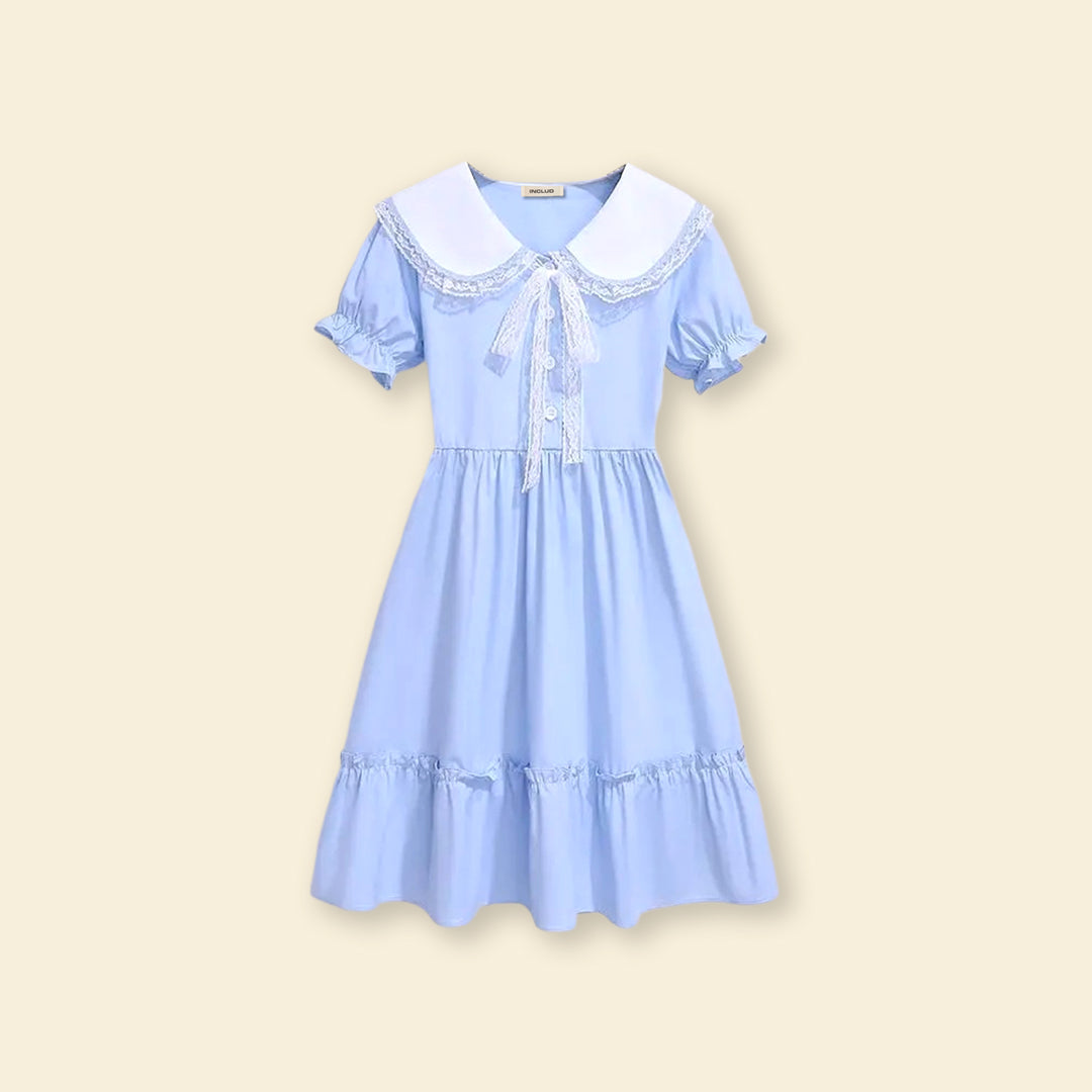 Girls Puff Sleeve Peter Pan Collar Fit & Flare Dress Casual Dresses Blue 4-5 Y 