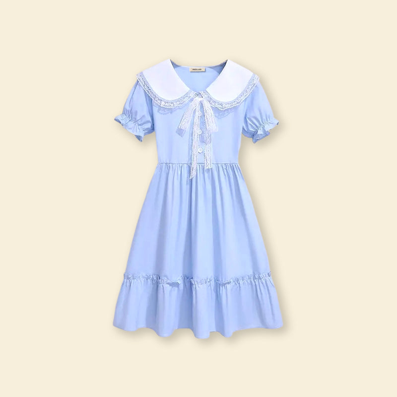 Girls Puff Sleeve Peter Pan Collar Fit & Flare Dress Casual Dresses Blue 4-5 Y 