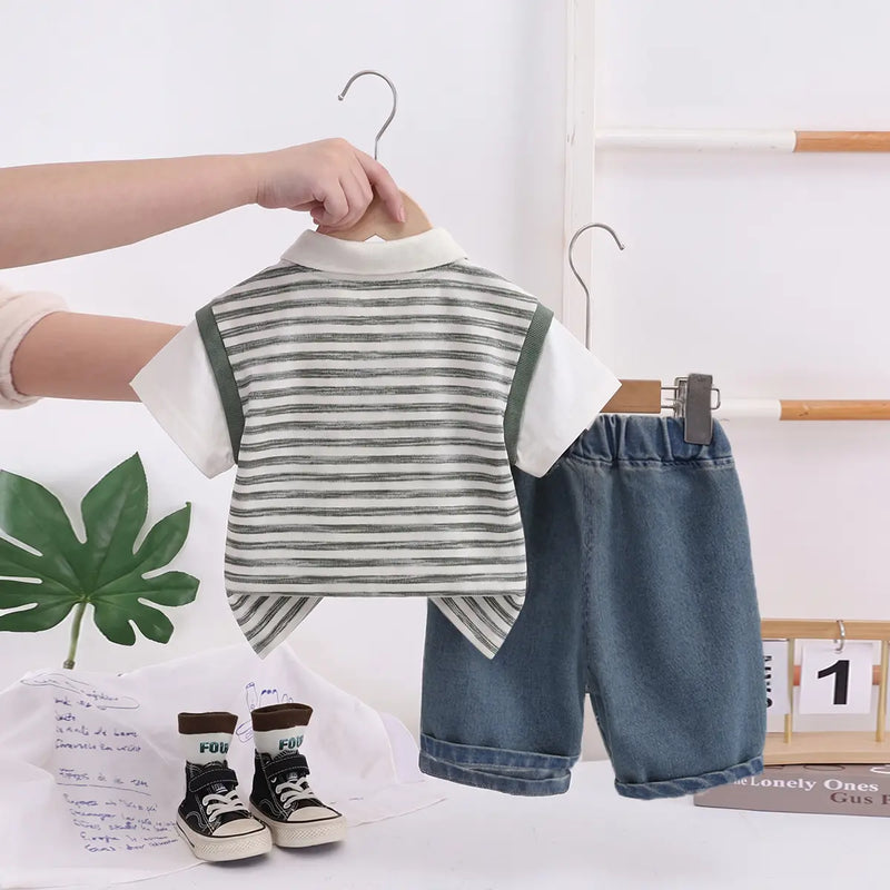 Boys Green Striped Short Sleeve Polo T-Shirt With Elasticated Denim Shorts 2 pc. Sets