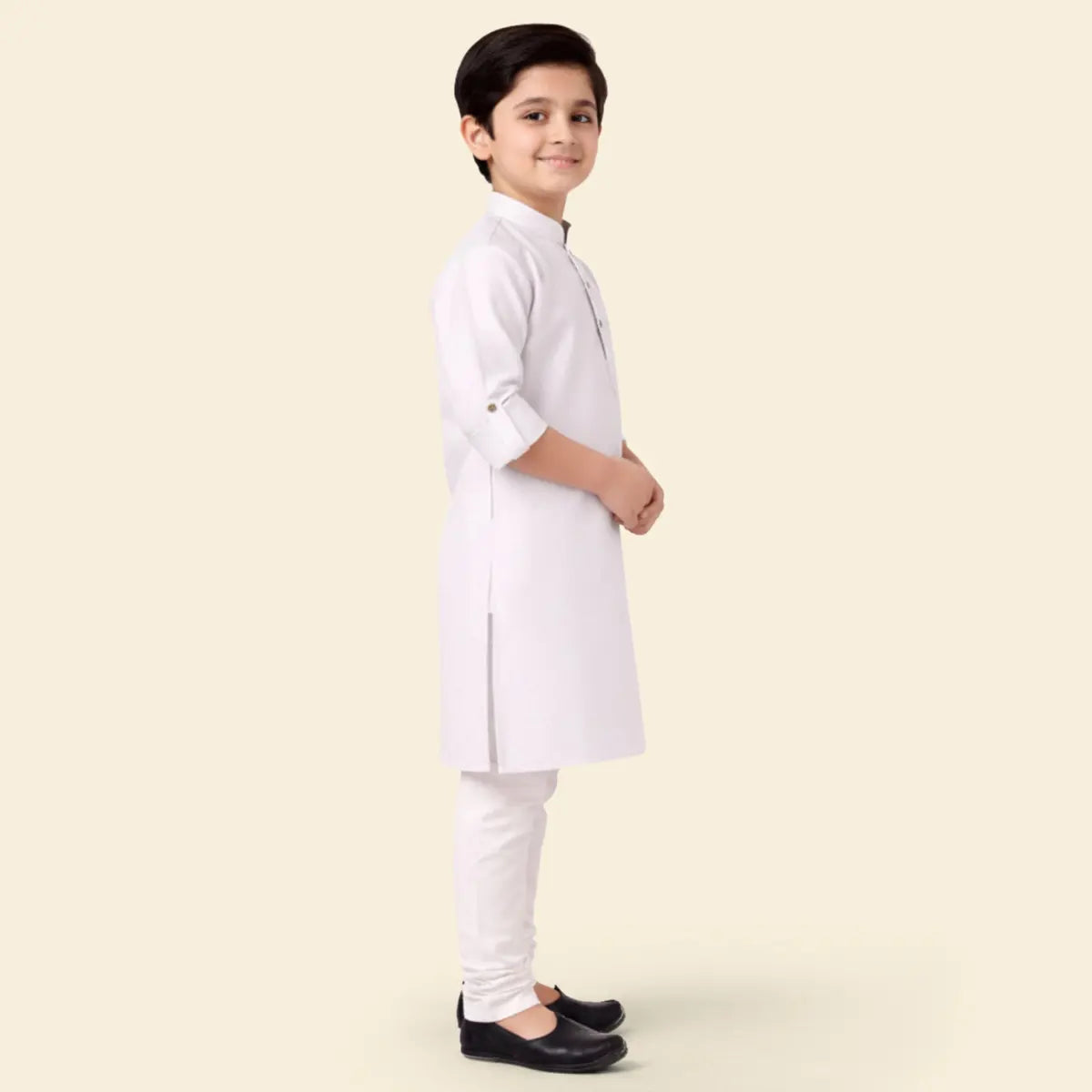 Boys White Ethnic wear Cotton Long Sleeve Kurta With Pyjama Set Ethnicwear Boys