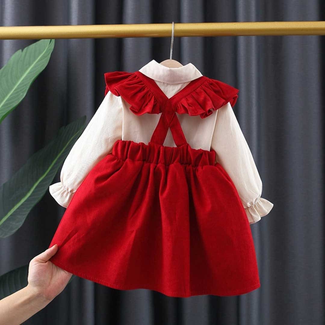 Girls Red Puff Sleeve Shirt With Sleeveless Dress Casual Dresses   