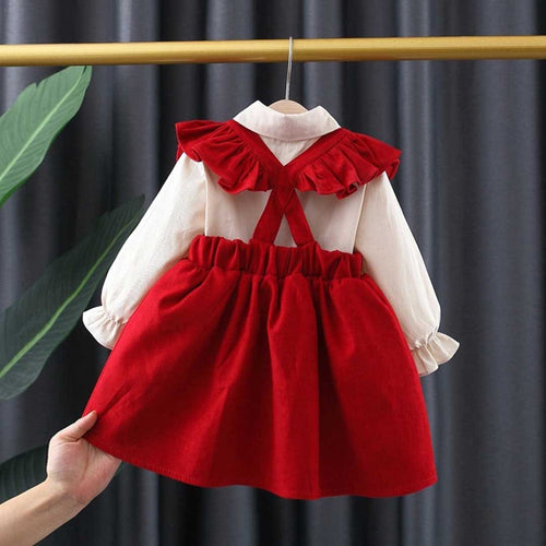 Girls Red Puff Sleeve Shirt With Sleeveless Dress Casual Dresses   