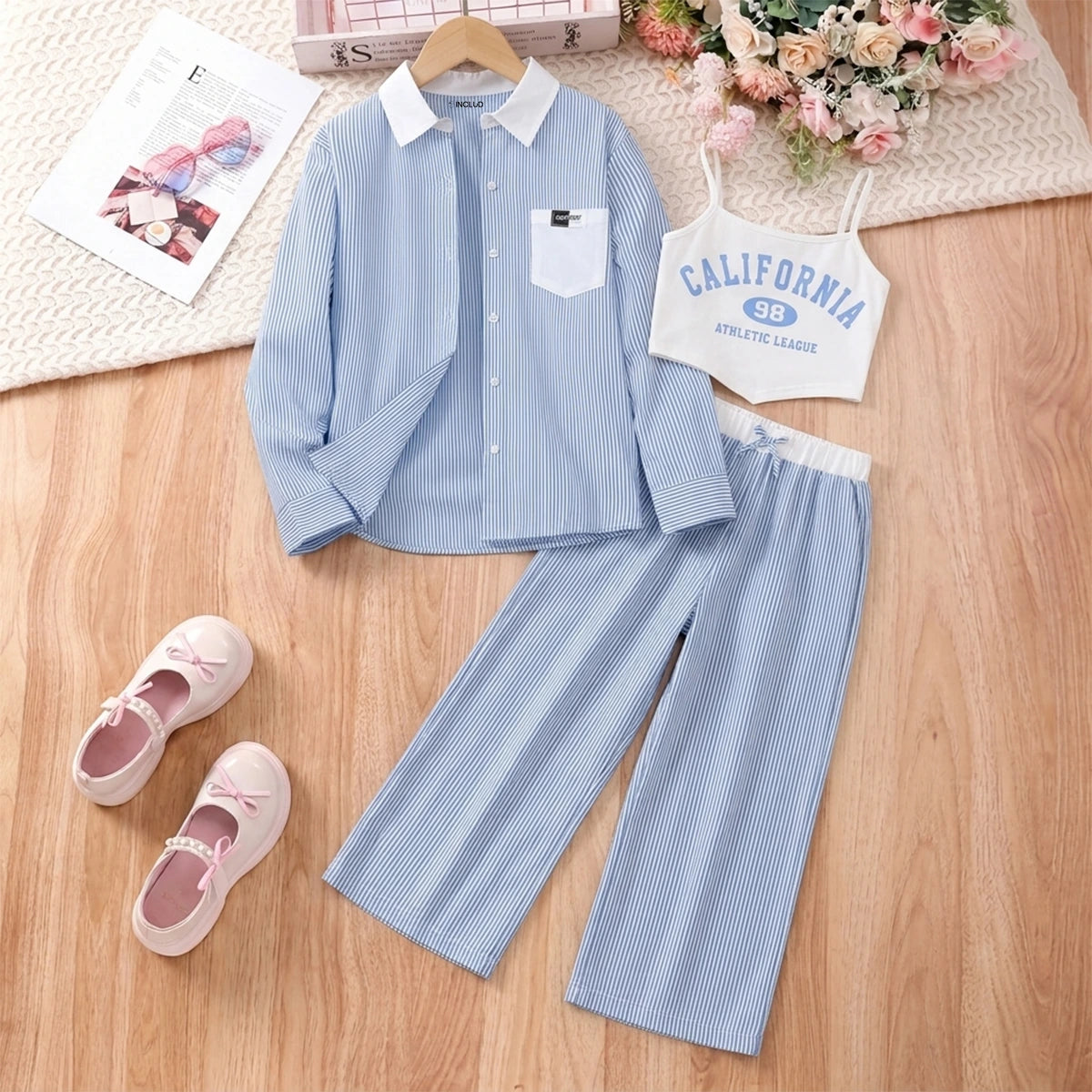 Girls Blue Striped Shirt & Flared Pants With Printed Cami Top Sets Sets Blue 7-8 Y