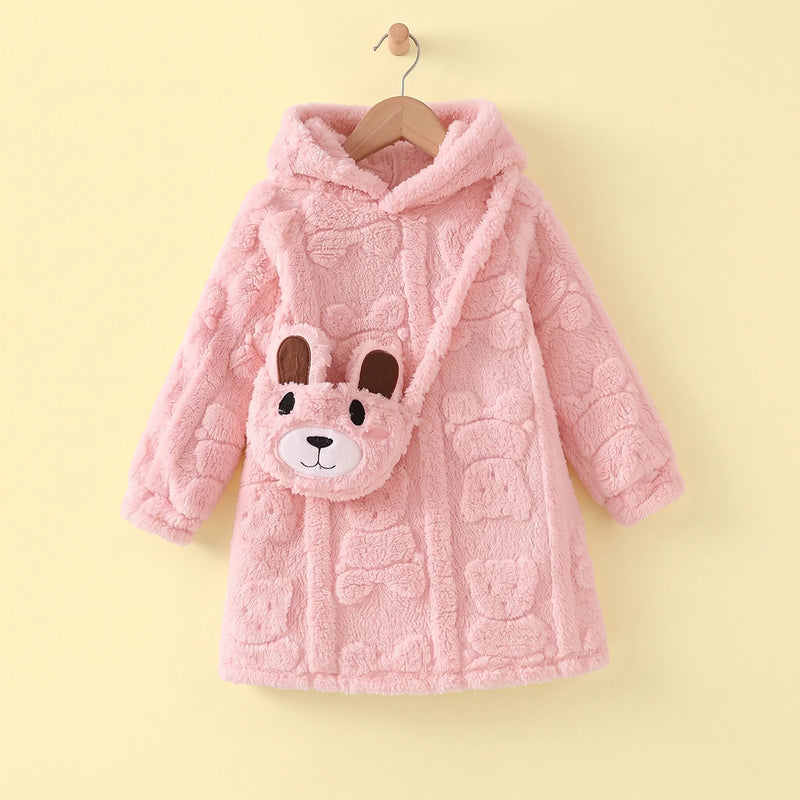 Girls Pink Self-Design Hooded A-line Dress With Sling Bag Casual Dresses Pink 3-4 Y