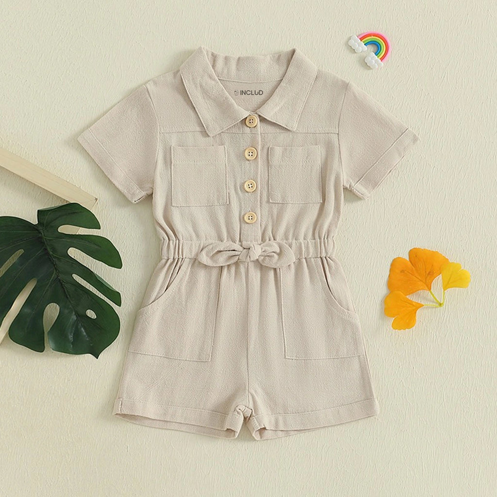 Girls Beige Button Front Short Sleeve Romper With Bow Detail Playsuits Beige 1-2 Y