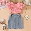 Girls Pink Rose Flower Appliqued Top With Denim Skirts Set Sets Pink 3-4 Y