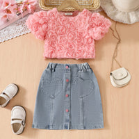 Girls Pink Rose Flower Appliqued Top With Denim Skirts Set Sets Pink 3-4 Y