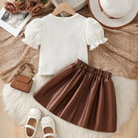 Girls White Bow Applique Puff Sleeve Top Faux Leather Skirt Sets 2 pc. Sets