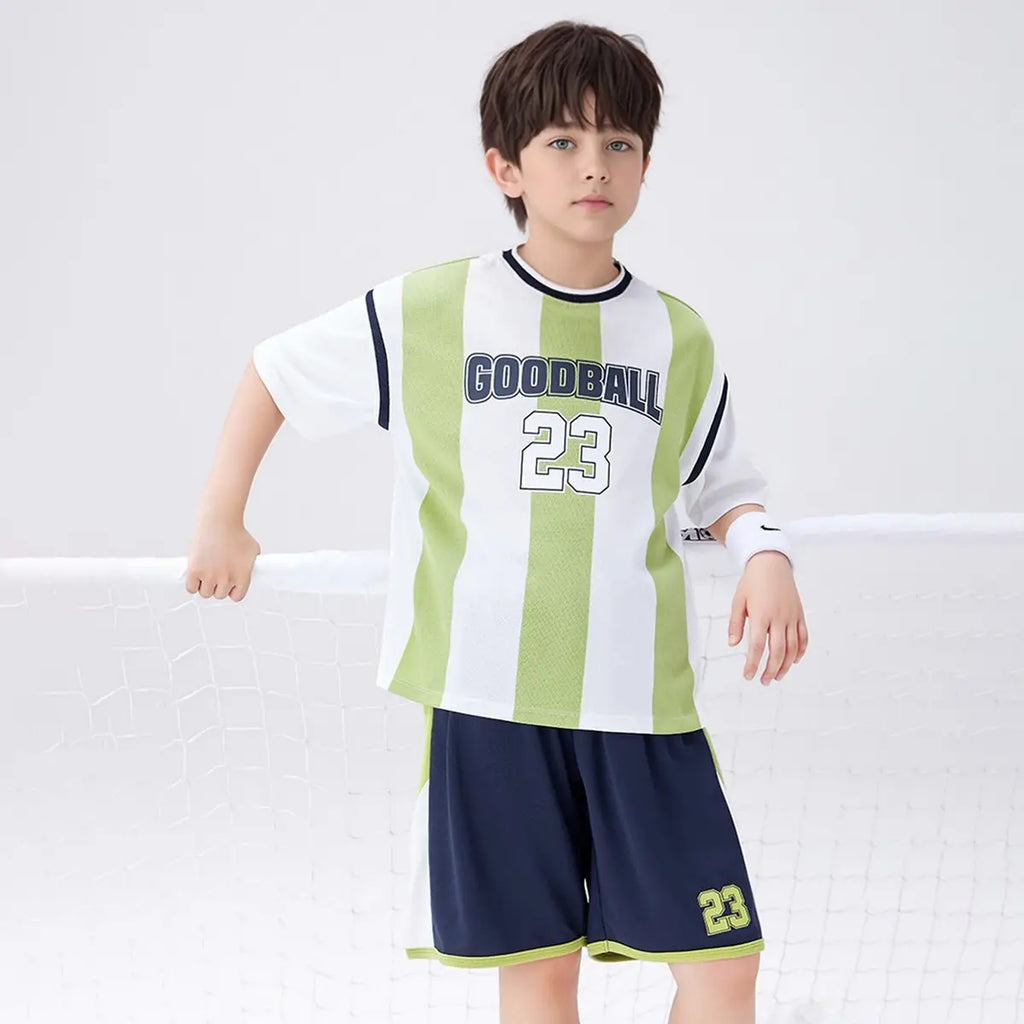 Boys Green Stripes & Alphanumeric Printed T-Shirt With Shorts Set Sets