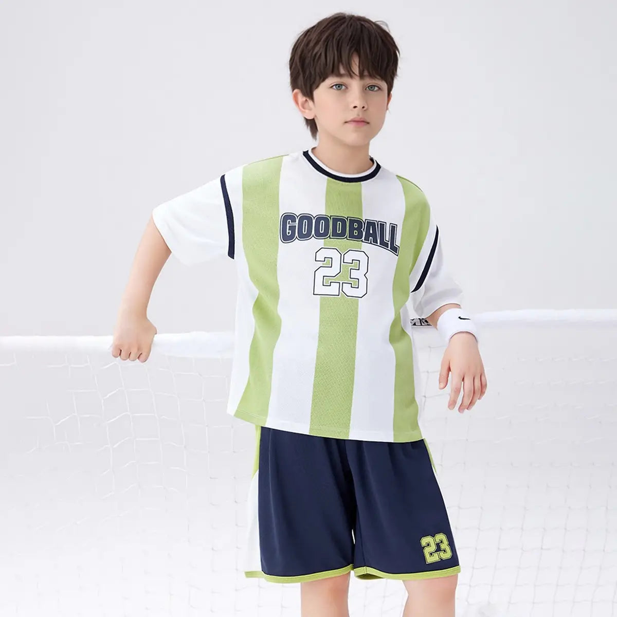 Boys Green Stripes & Alphanumeric Printed T-Shirt With Shorts Set Sets