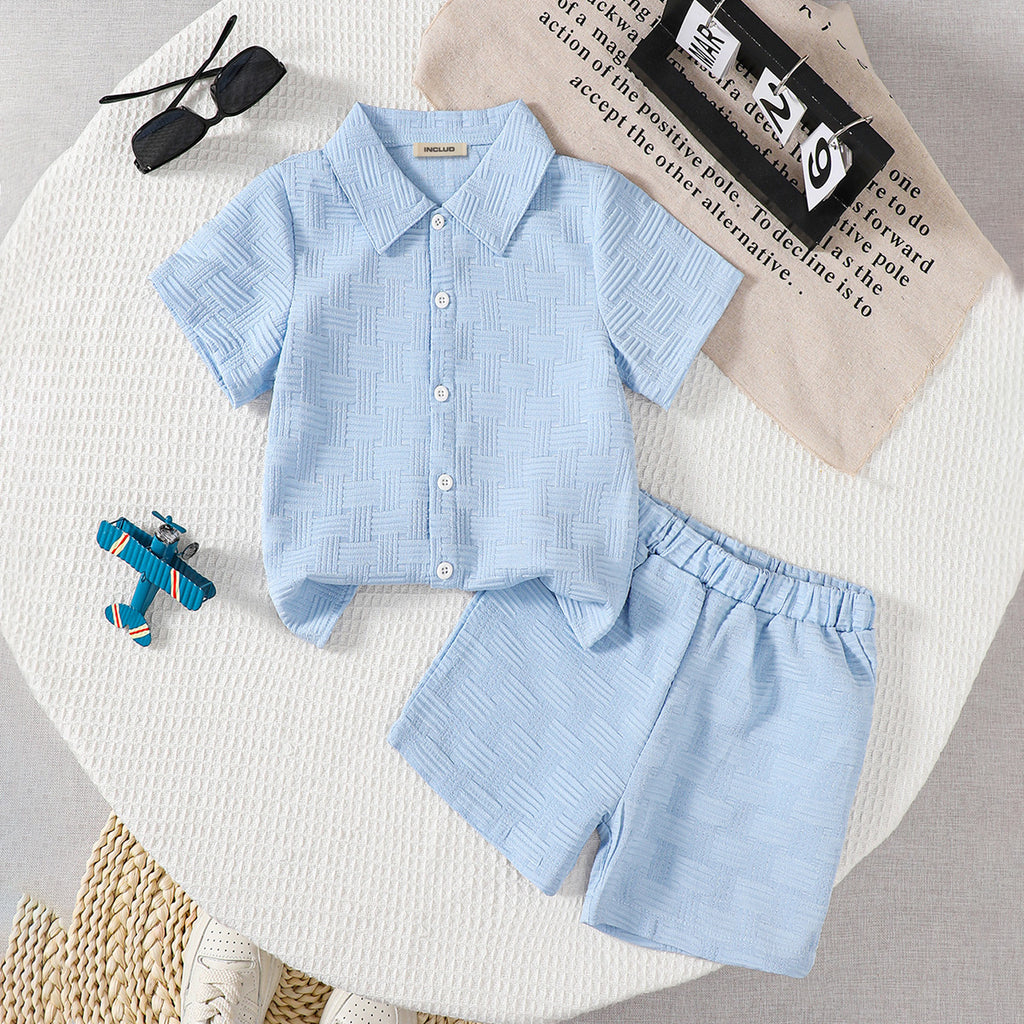 Boys Sky Blue Textured Short Sleeves Shirt With Shorts Set 2 pc. Sets