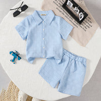 Boys Sky Blue Textured Short Sleeves Shirt With Shorts Set 2 pc. Sets