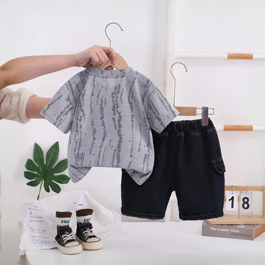 Boys Grey Bear Graphic Short Sleeve T-Shirt With Denim Shorts Sets 2 pc. Sets