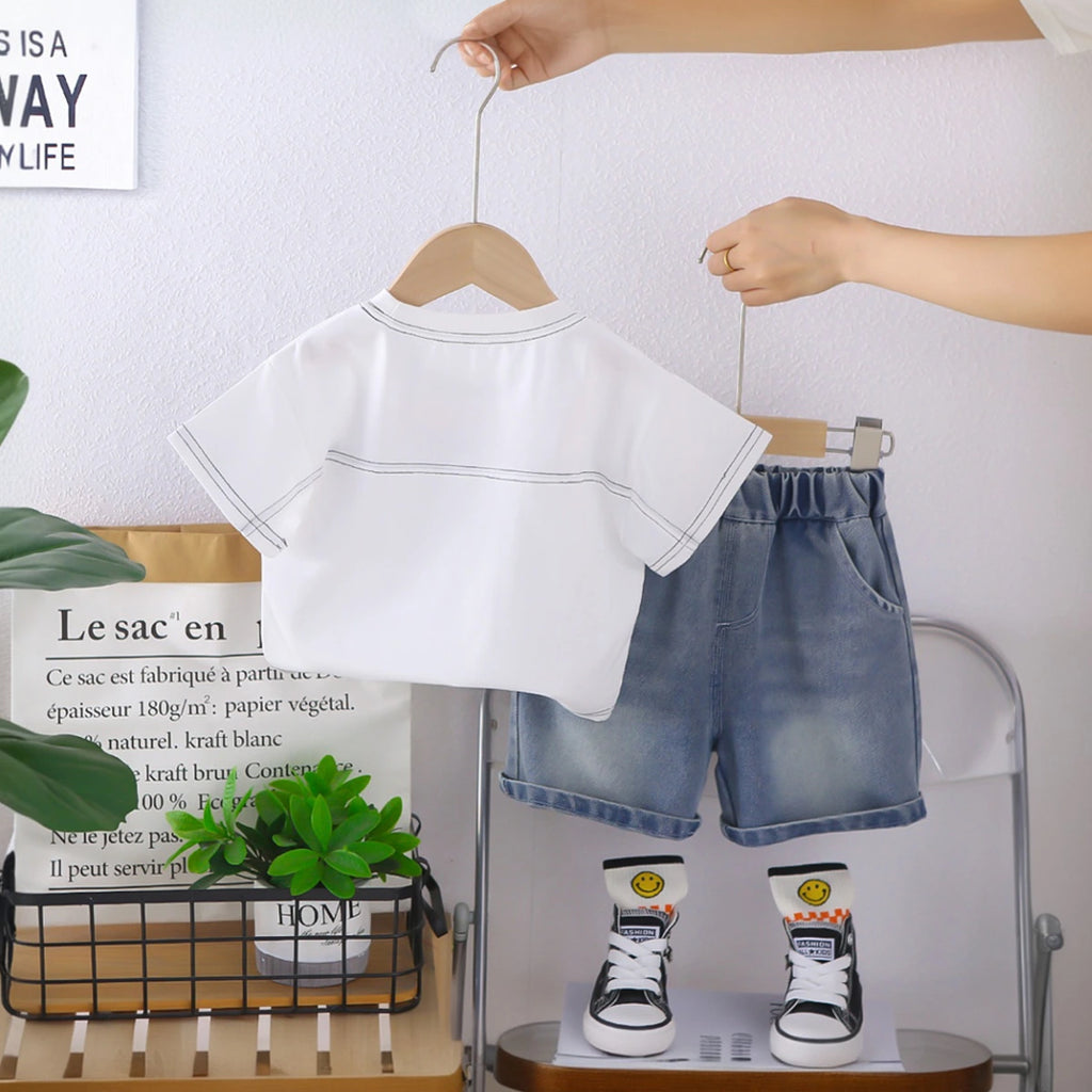 Boys White Graphics Short Sleeves T-Shirt With Denim Shorts Set Sets