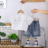 Boys White Graphics Short Sleeves T-Shirt With Denim Shorts Set Sets
