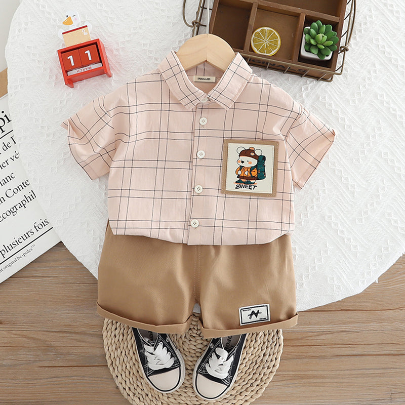 Boys Peach Checkered Short Sleeves Shirt With Shorts Set 2 pc. Sets Peach 1-2 Y