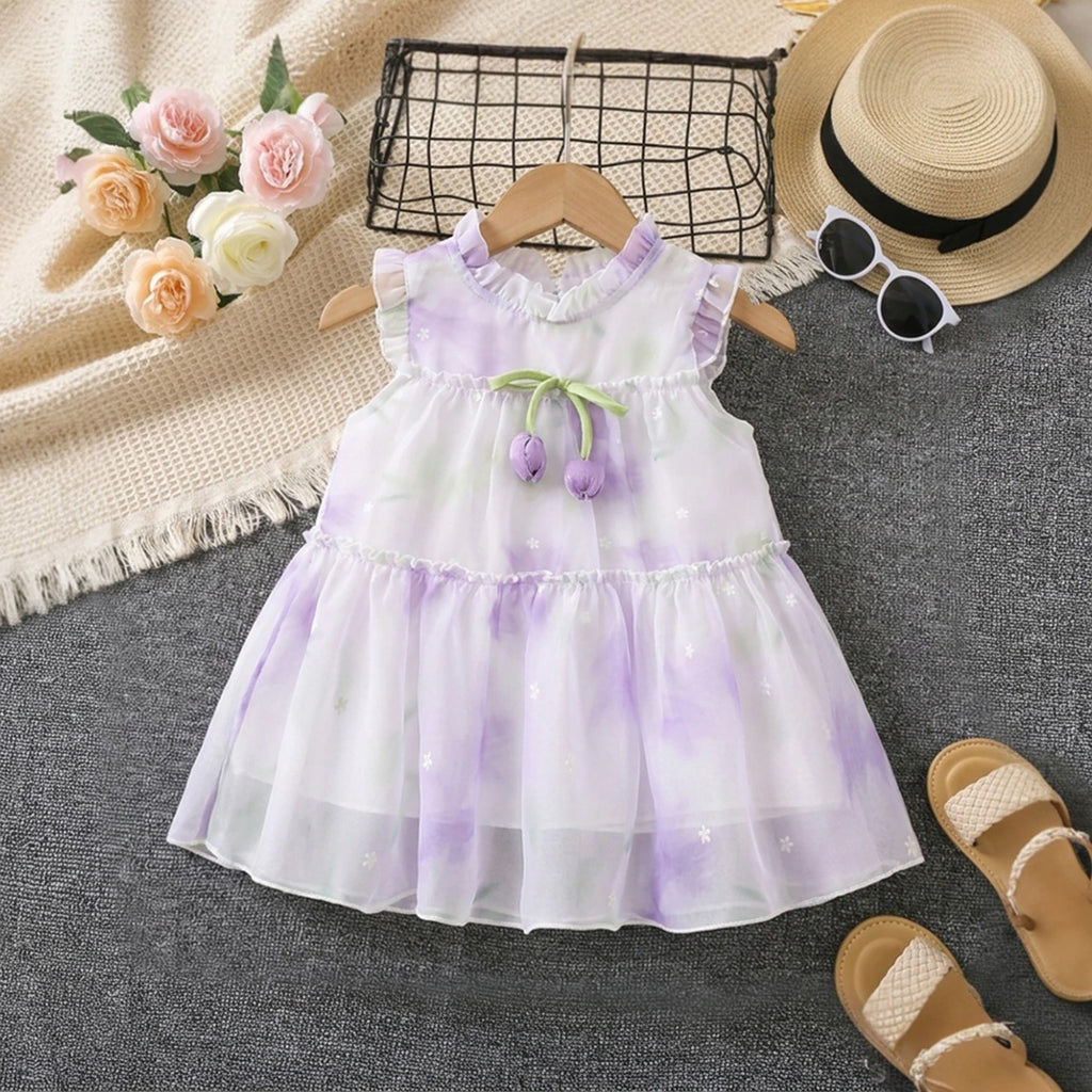 Girls Purple Fit And Flare Dress With Tulip Floral Bow Applique Casual Dresses Purple 1-2 Y