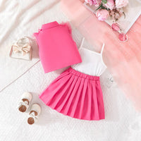 Girls Fuchsia Embellished Ruffled Blazer Vest With Pleated Skirt & Camisole Top Sets Sets
