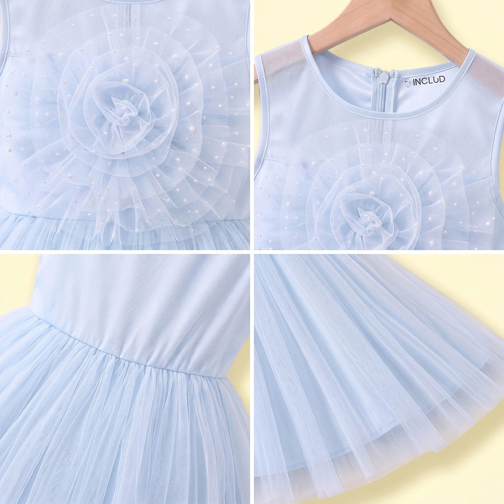Girls Blue Floral Applique Sleeveless Party Gown Party Dresses