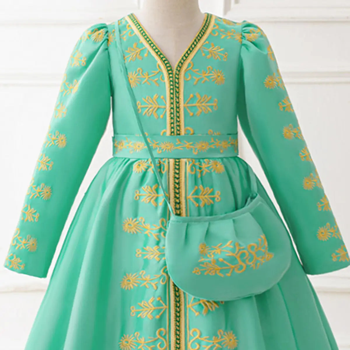 Girls Green Long Sleeve Embroidered Fit & Flare Dress Casual Dresses