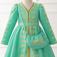 Girls Green Long Sleeve Embroidered Fit & Flare Dress Casual Dresses